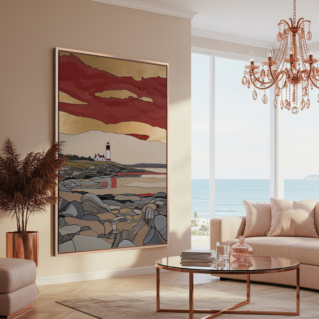 Framed Wall Art: Coastal lighthouse art in a modern style with warm red, gold, and neutral tones. Perfect for adding a touch of elegance to your home.