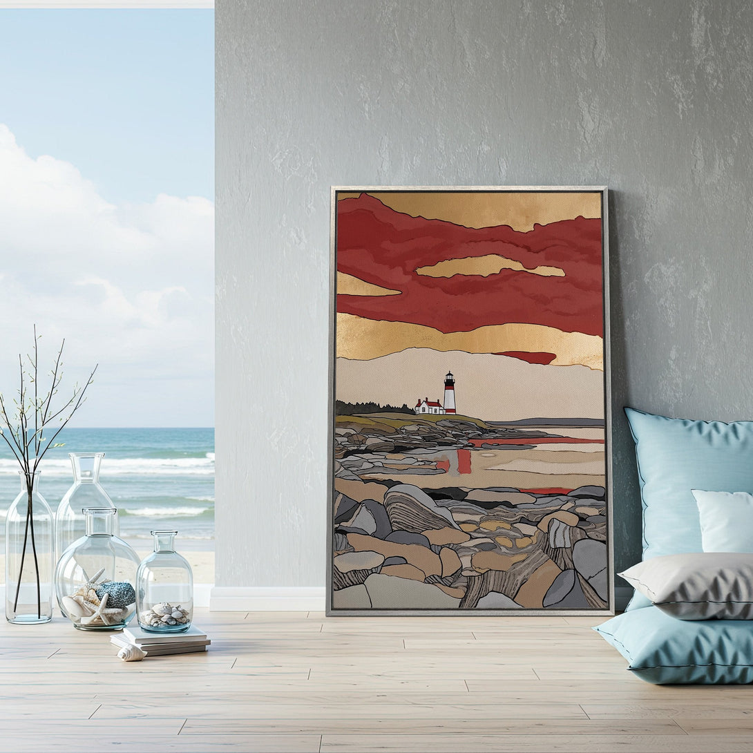 Framed Wall Art of a lighthouse landscape in a modern style with red, gold, and neutral tones. Perfect for coastal decor.