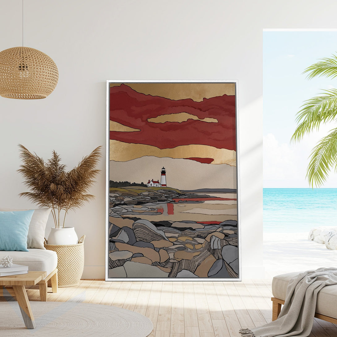 Framed Wall Art. Abstract lighthouse art print with red, gold, and gray tones. Coastal style canvas print perfect for living room decor.