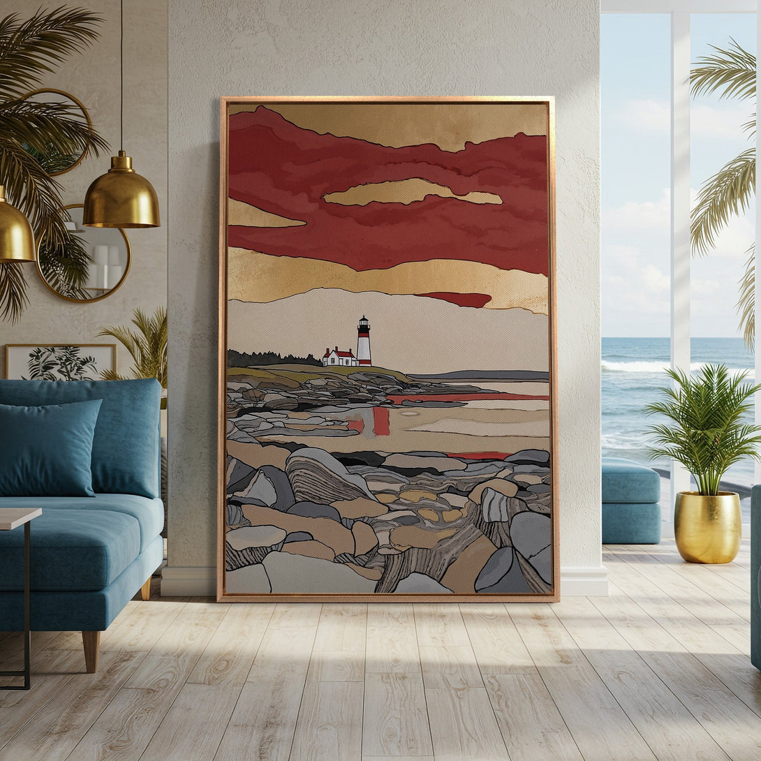 Framed Wall Art featuring a lighthouse landscape in warm red, gold, and neutral tones. Modern art print adds a touch of coastal charm to any living space.
