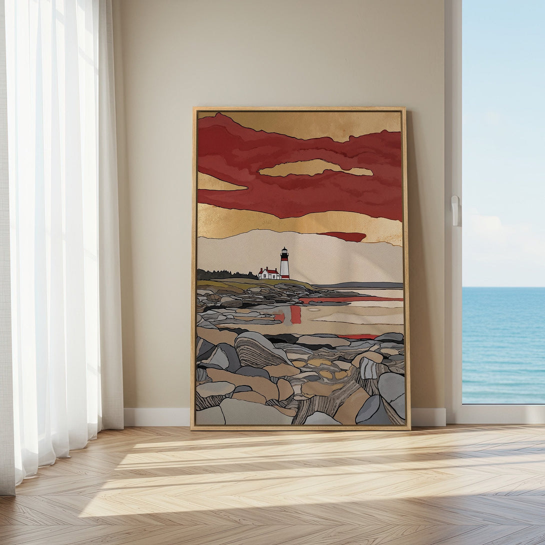Framed Wall Art featuring a lighthouse landscape in a modern style. Earthy tones of red, gold, and gray add warmth to any space.