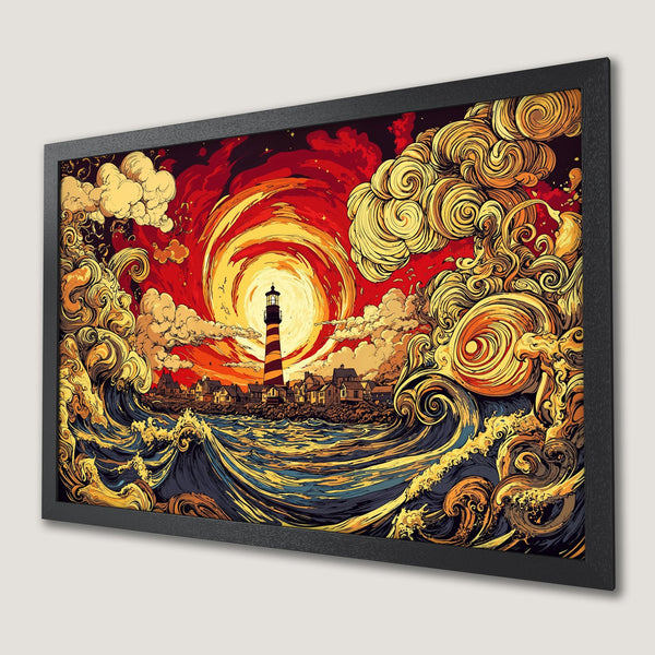 Framed Poster featuring a lighthouse scene in a vibrant, stylized art style with a warm red, yellow, and blue color palette. Add art to your home!
