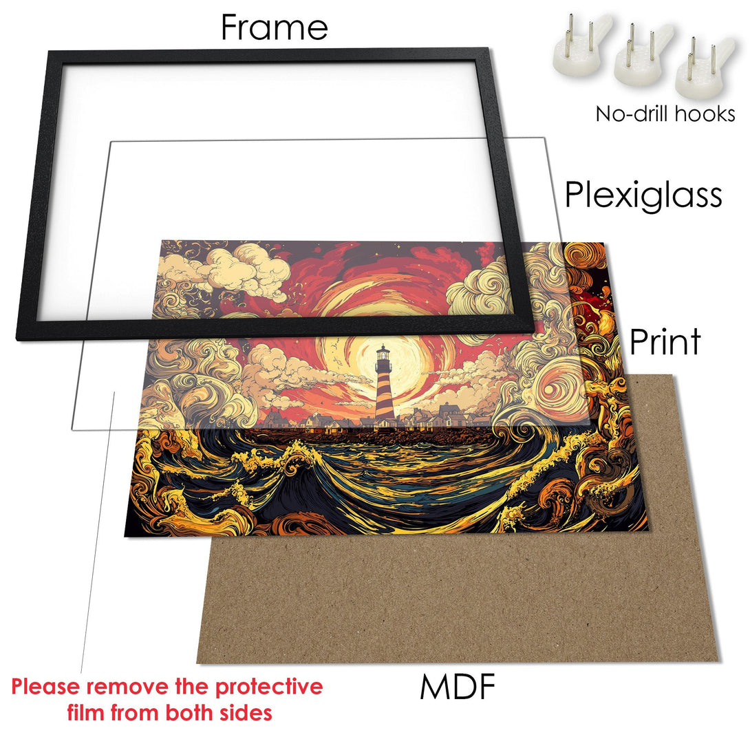 Framed Poster featuring a lighthouse art print in a vibrant red, yellow, and blue color palette. Perfect wall decor!