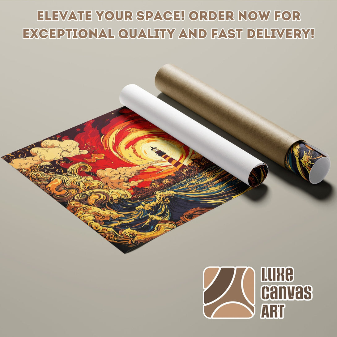 Poster Roll featuring a lighthouse art print in vibrant red, gold, and blue hues. Elevate your space!