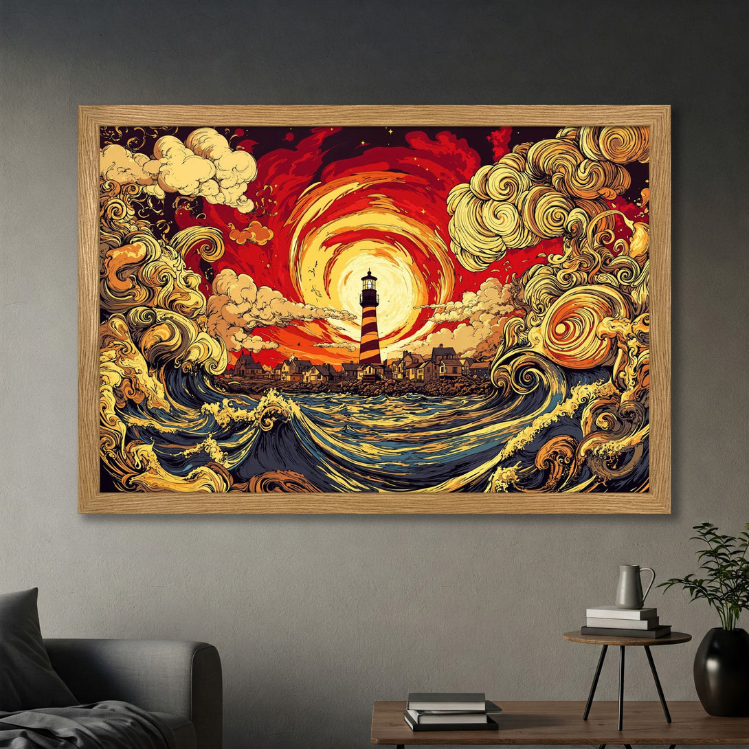 Framed Poster featuring a lighthouse scene in a vibrant, stylized art style with a warm red, yellow, and blue color palette.