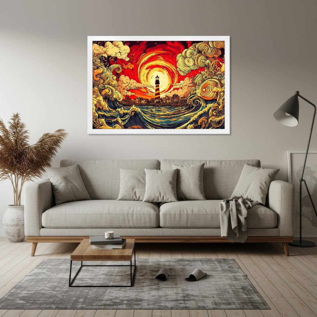 Framed Poster of a lighthouse scene in a vibrant, stylized art style with a warm red, yellow, and blue color palette. Perfect wall art!