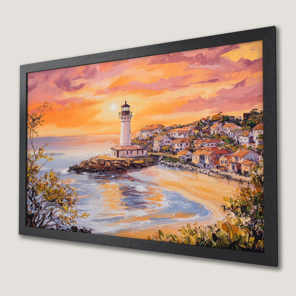 Framed Poster of a coastal lighthouse at sunset. Impressionistic style with warm orange and yellow tones. Stunning wall art.
