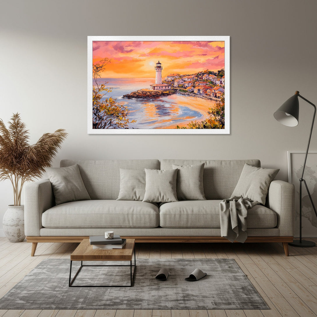 Framed Poster of a lighthouse at sunset. Coastal art in warm orange and pink hues. Perfect wall decor for a cozy living room.