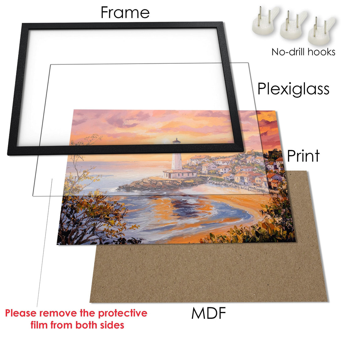Framed Poster of a coastal landscape painting in warm sunset colors. Enhance your space with this beautiful art print!
