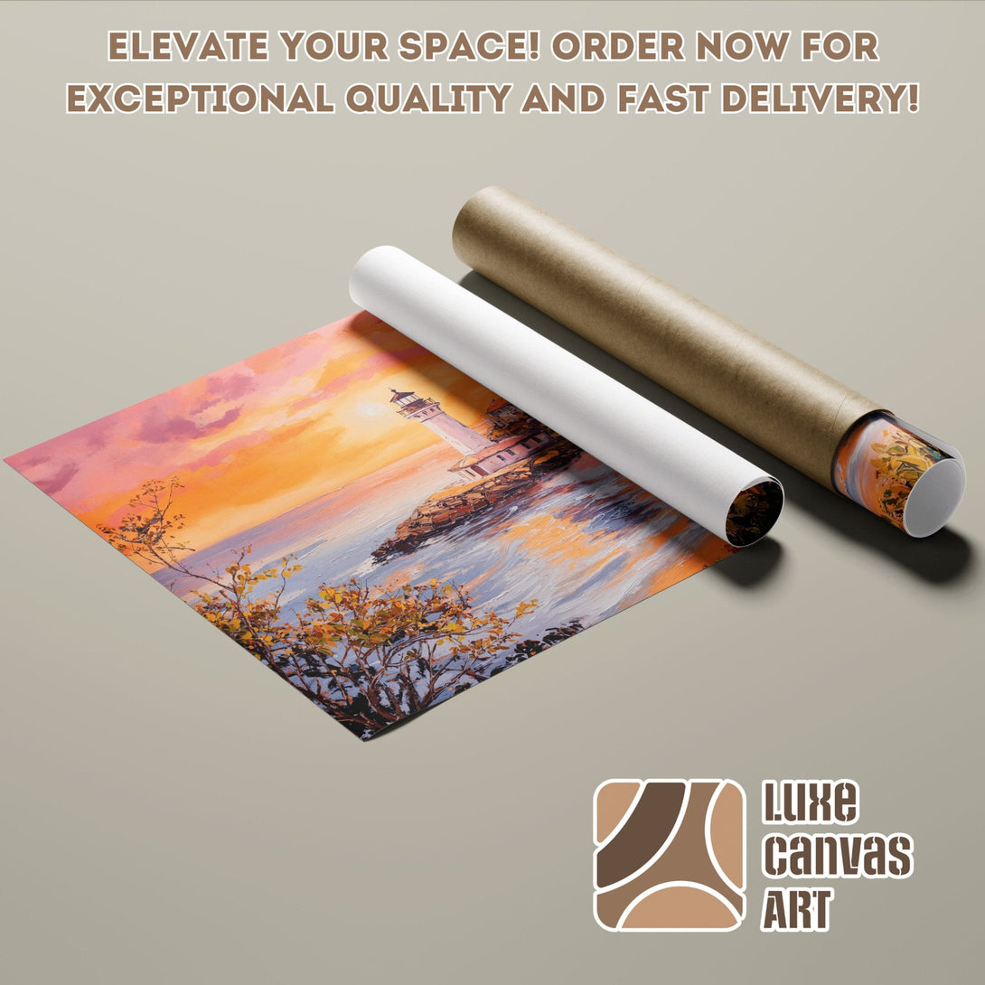 Poster Roll featuring a lighthouse landscape painting in warm colors. Elevate your space!