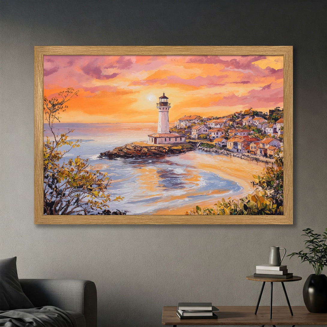 Framed Poster of a lighthouse at sunset. Impressionistic style with warm orange, pink, and yellow tones. Coastal art for your home.