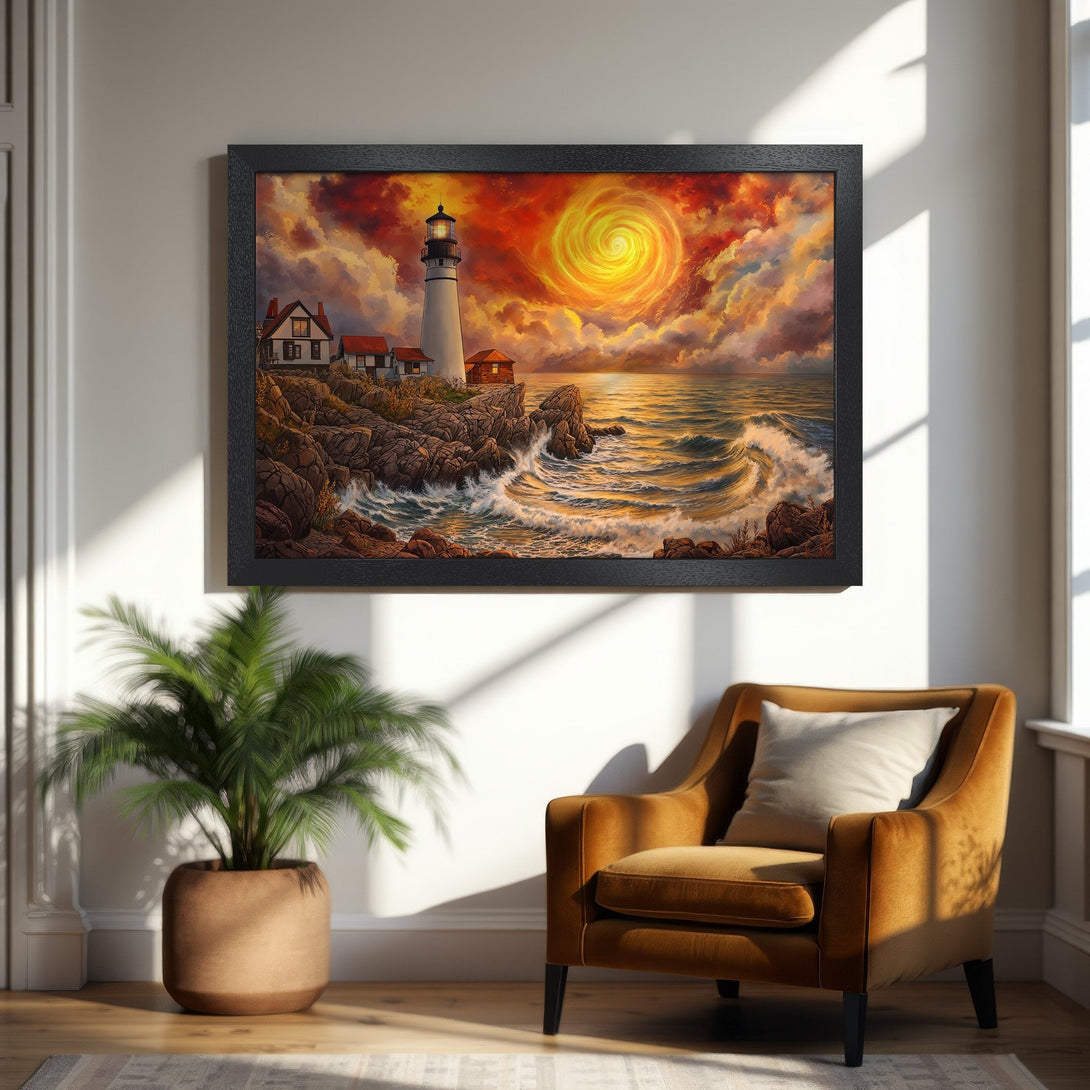 Framed Poster featuring a lighthouse at sunset, vibrant orange and yellow palette, perfect wall art for any space.