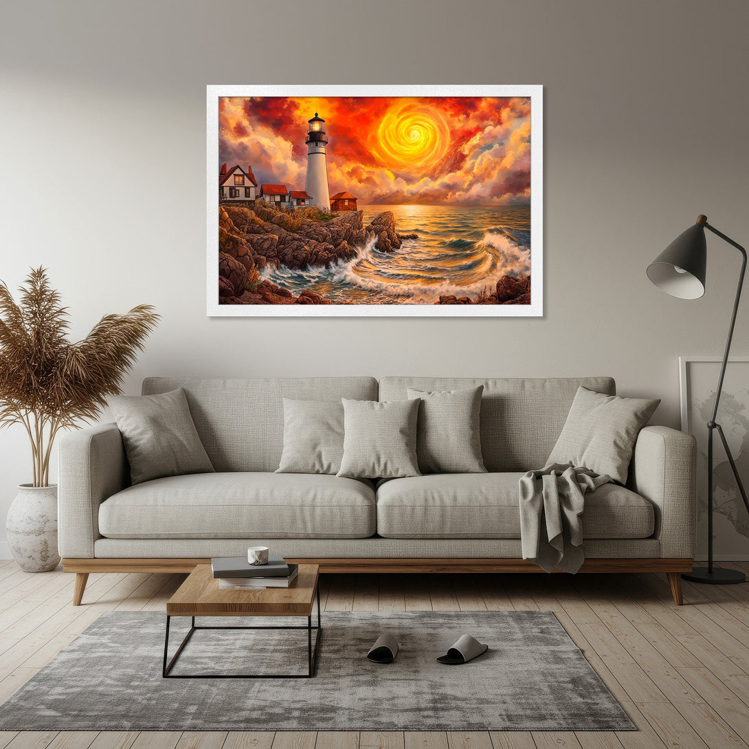 Framed Poster of a lighthouse at sunset. Coastal art in vibrant orange and red hues. Perfect wall decor for any space.