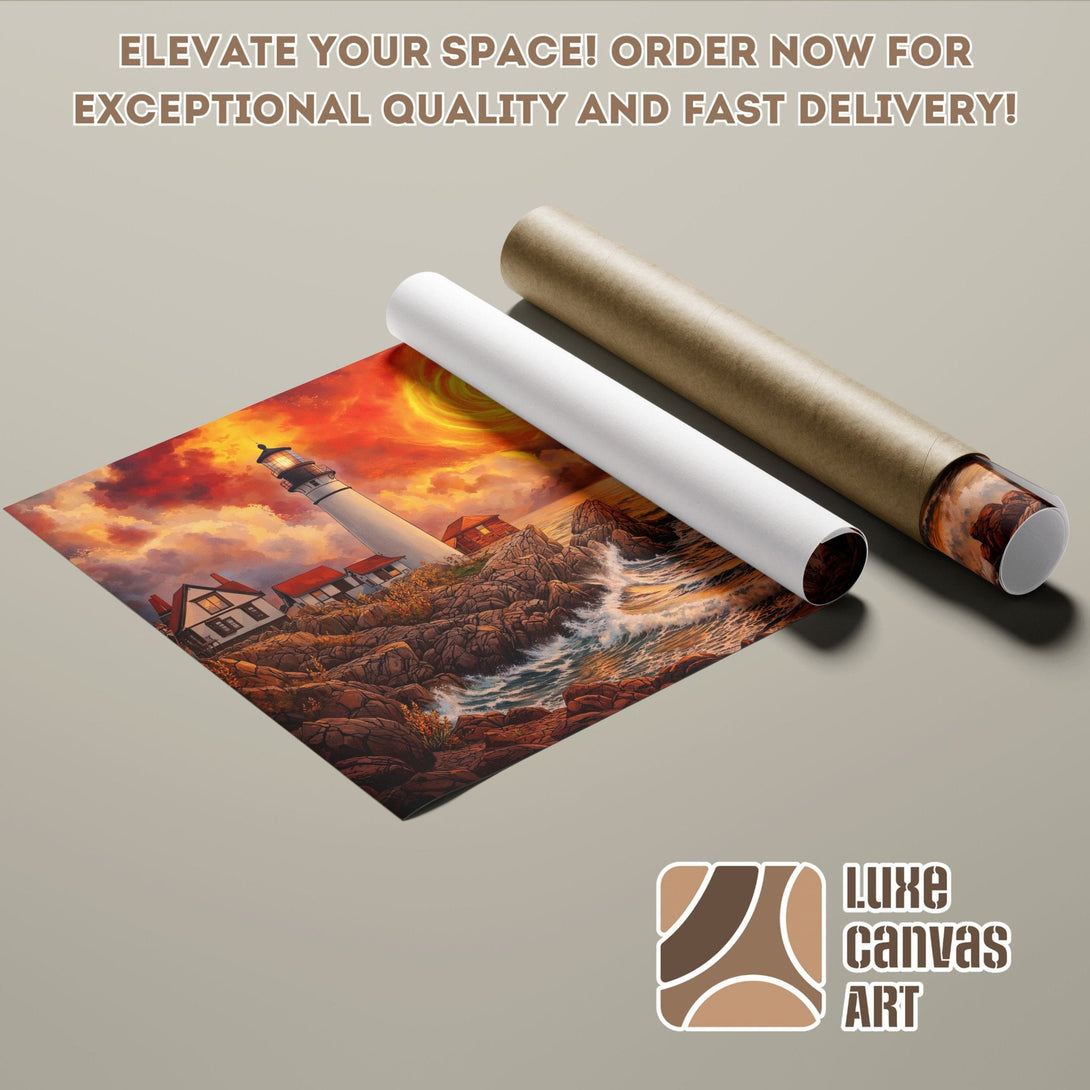 Poster Roll featuring a lighthouse art print, warm color palette, and dramatic style. Order now!