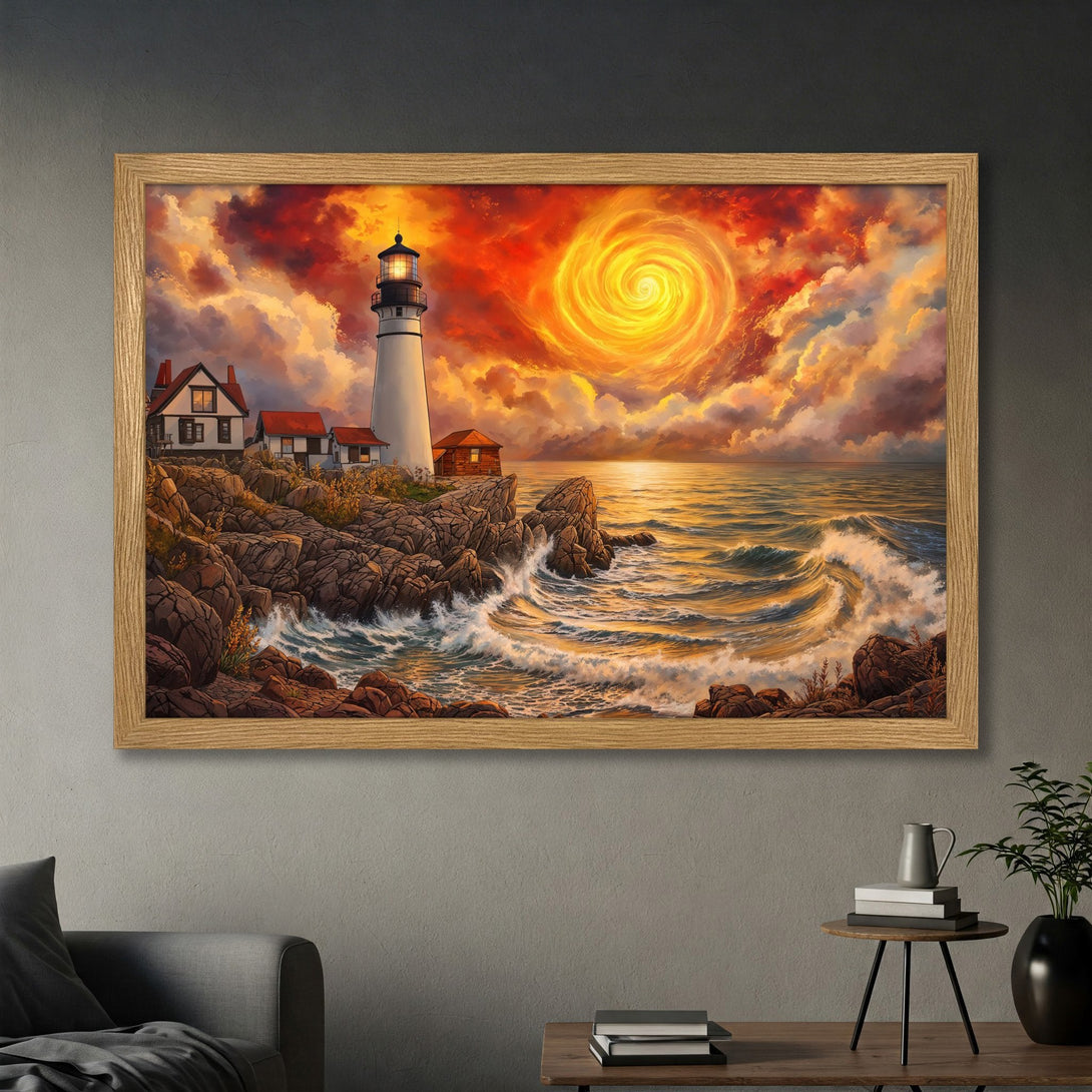 Framed Poster of a lighthouse on a rocky coast with a fiery sunset. Dramatic style, warm orange and gold color palette. Perfect wall art!