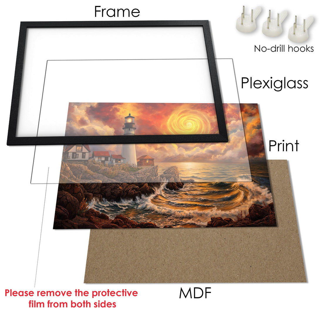 Framed Poster featuring a lighthouse landscape in warm sunset colors. Stunning art print ready to hang and elevate your space!
