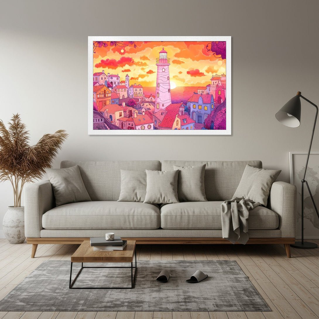 Framed Poster featuring a lighthouse and town illustration in vibrant orange and pink hues. Perfect wall art for your home!