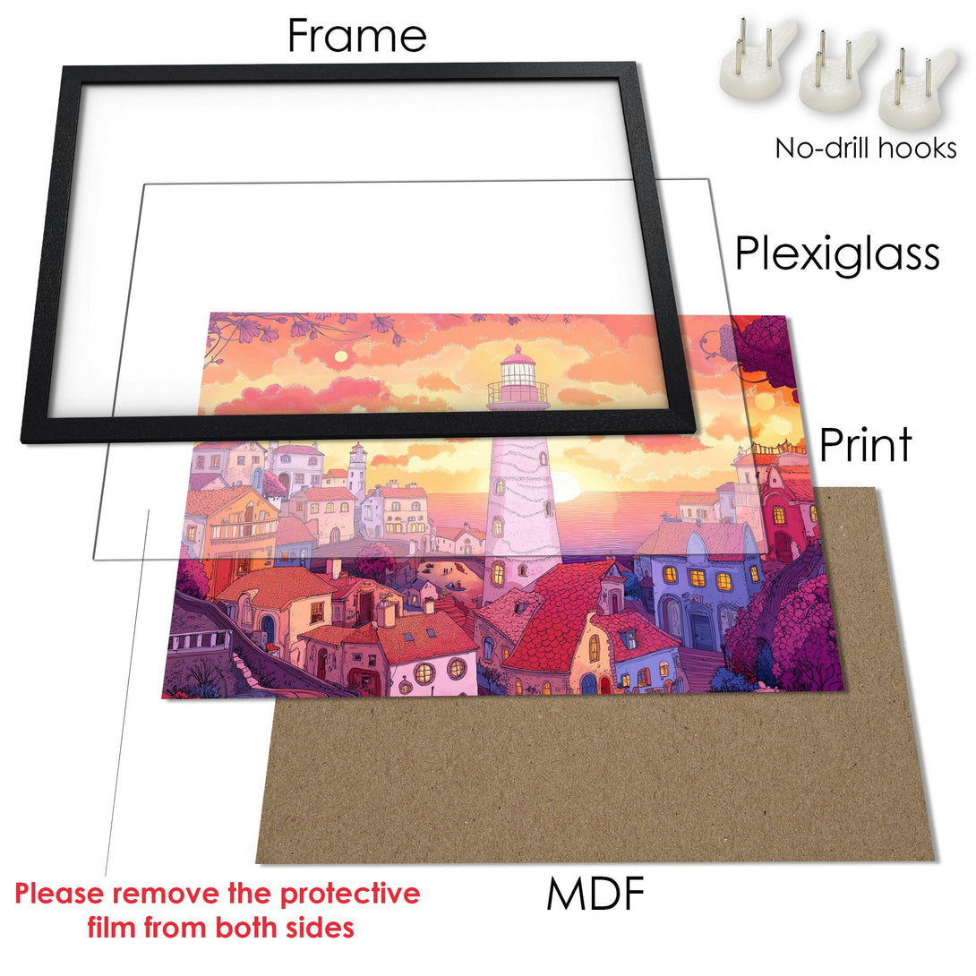 Framed Poster featuring a colorful seaside village scene. Vibrant art print with a warm color palette, ready to hang!