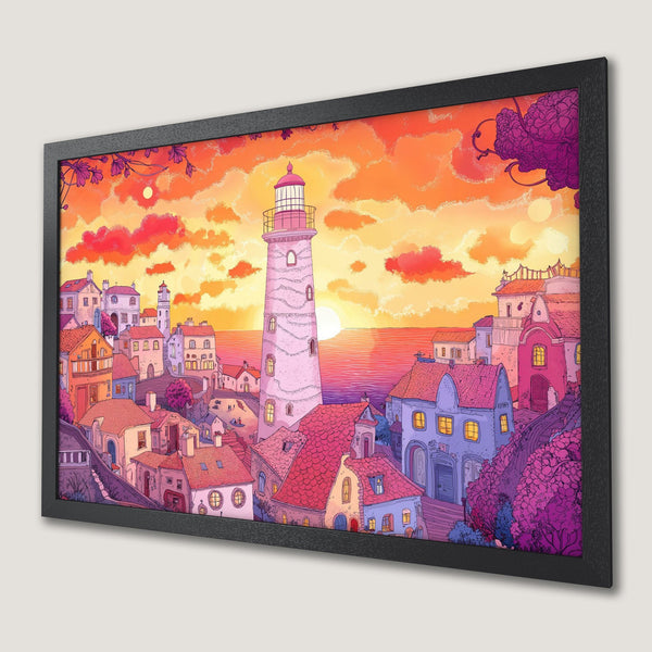 Framed Poster featuring a lighthouse and coastal town illustration in a whimsical style with a warm orange and pink color palette.