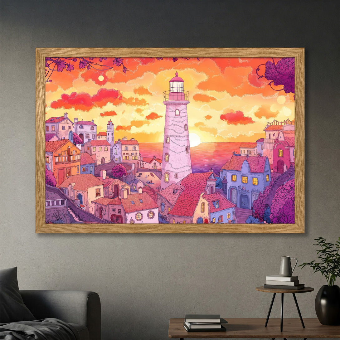 Framed Poster featuring a coastal town illustration in a vibrant, cartoon style with a warm orange and pink color palette.