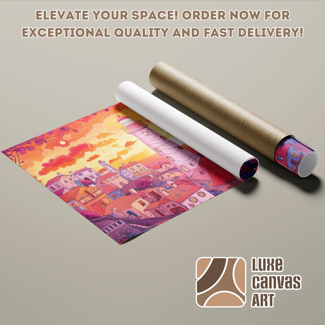 Vibrant cityscape poster roll with sunset colors. Elevate your space with this stunning art print!