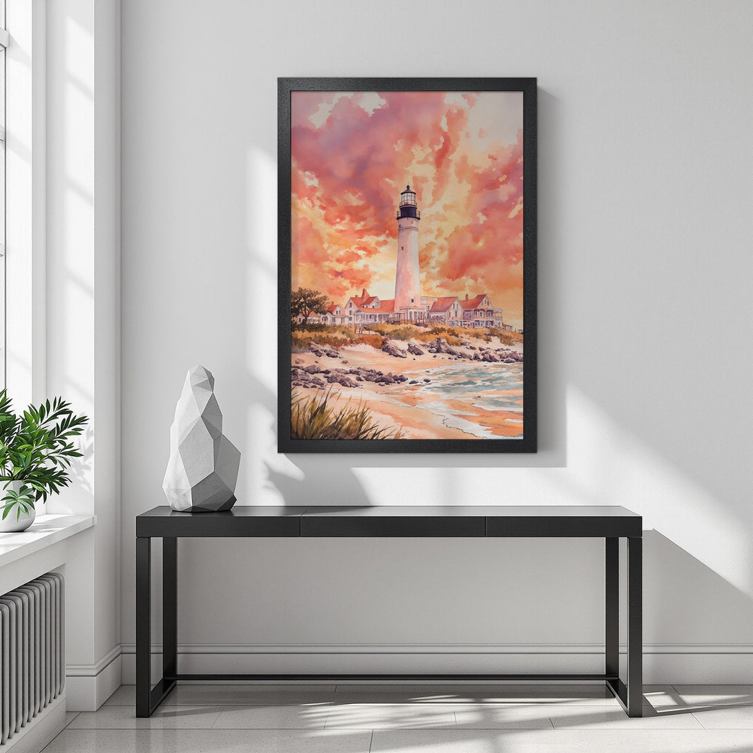 Framed Poster featuring a lighthouse watercolor painting. Warm sunset colors create a stunning coastal scene. Perfect wall art for your home!