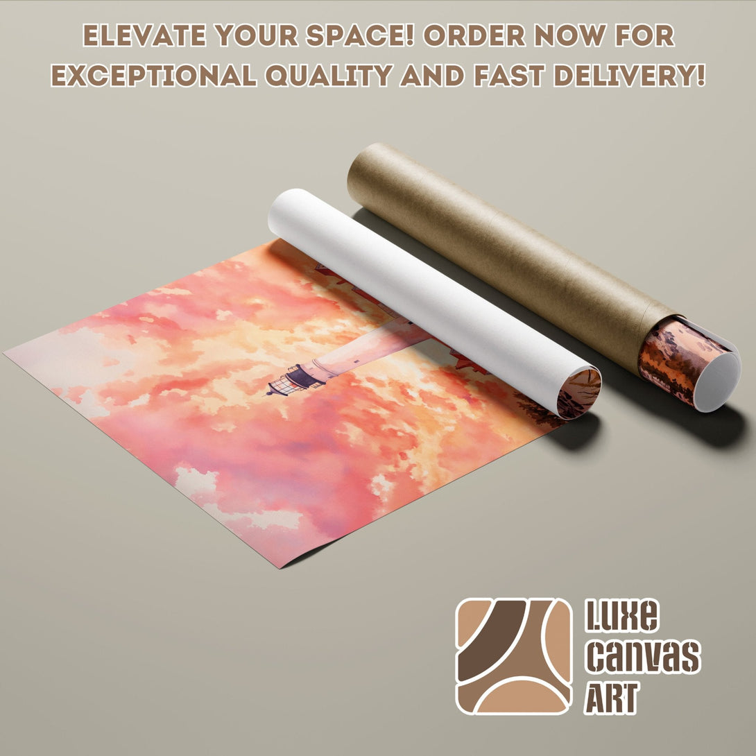 Poster Roll featuring a lighthouse against a pink sky, artistic style, warm color palette.