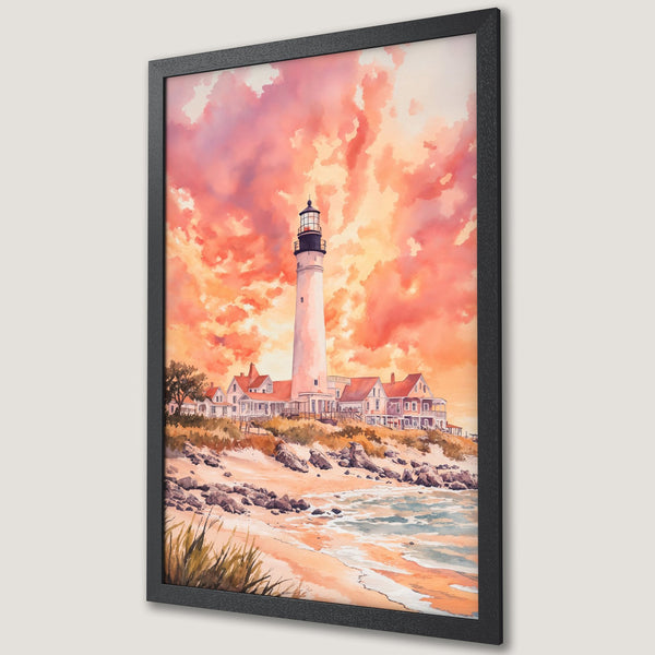 Framed Poster of a lighthouse at sunset. Watercolor style with warm orange and pink hues. Coastal art for your home.
