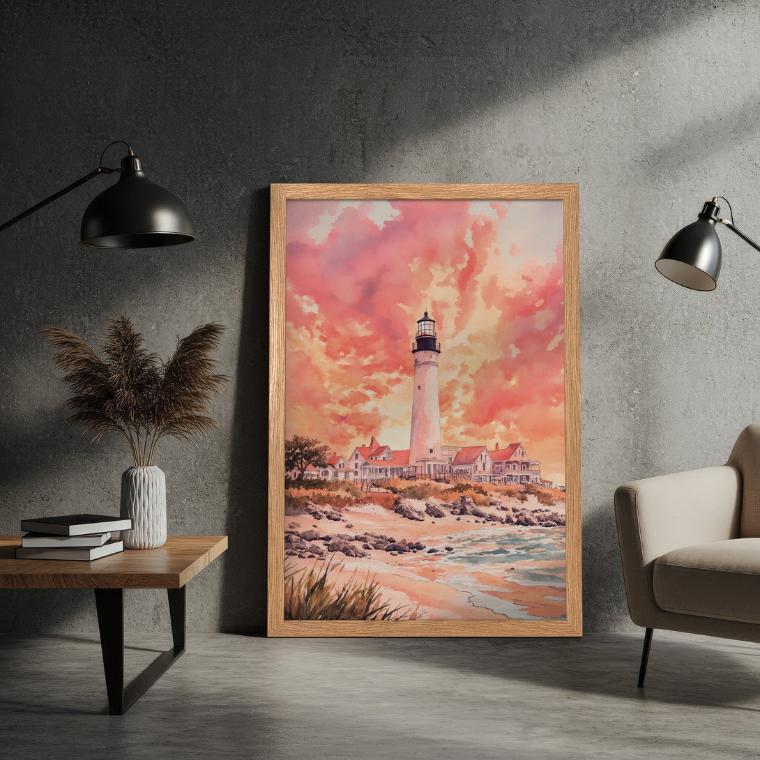 Framed Poster featuring a lighthouse watercolor painting with a warm sunset color palette. Coastal art perfect for home decor.