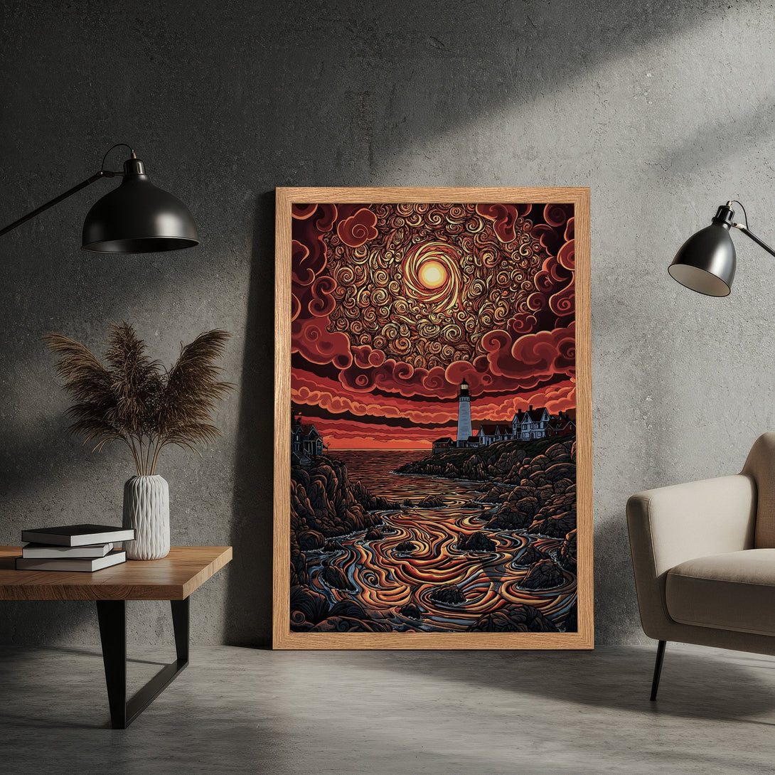 Framed Poster featuring a lighthouse landscape in a vibrant, stylized art style with a warm, red and orange color palette.