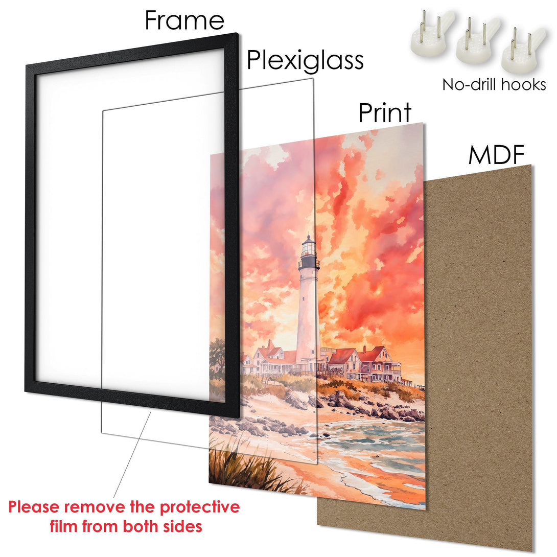 Framed Poster featuring a lighthouse at sunset. Watercolor style with a warm orange and red color palette. Ready to hang art.