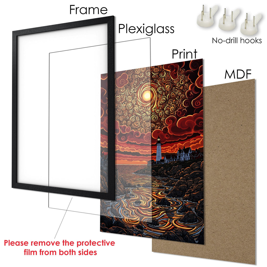Framed Poster of a lighthouse art print. Features a vibrant sunset color palette and a unique artistic style. Ready to hang!