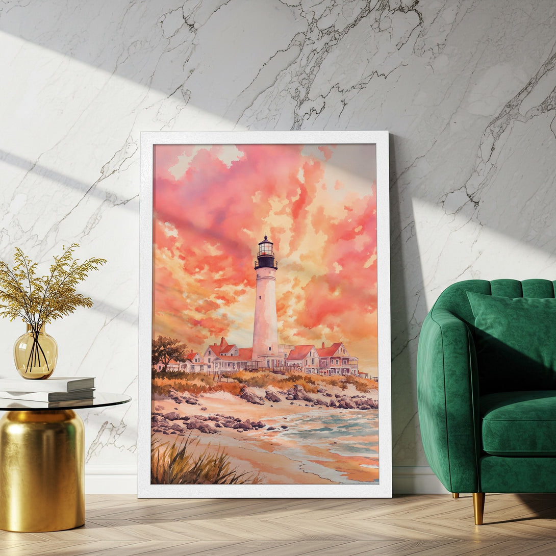 Framed Poster of a lighthouse at sunset. Watercolor style art with warm orange and pink hues. Perfect coastal decor.
