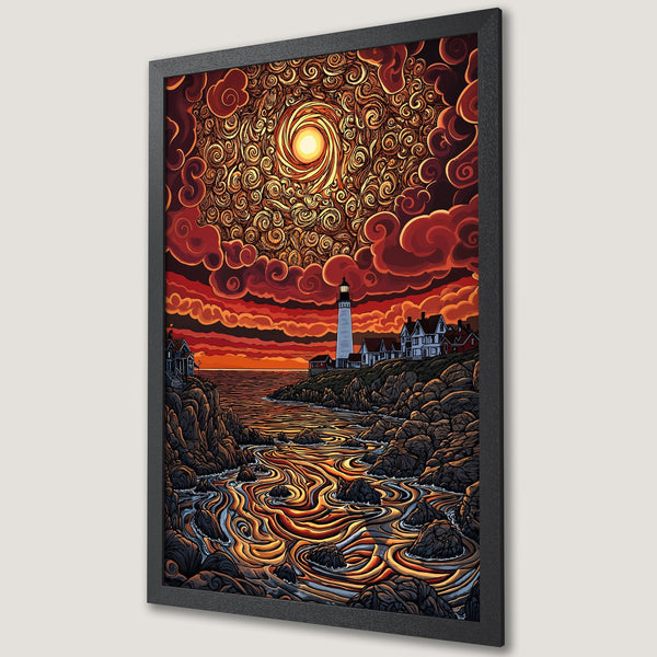 Framed Poster featuring a lighthouse landscape in a vibrant, stylized design with warm red and gold tones.