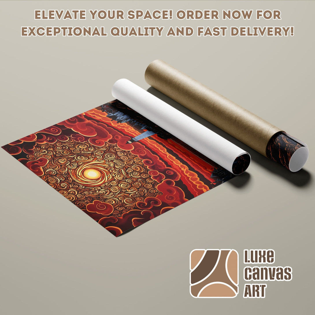 Poster Roll featuring a vibrant abstract art design in warm red and gold tones.