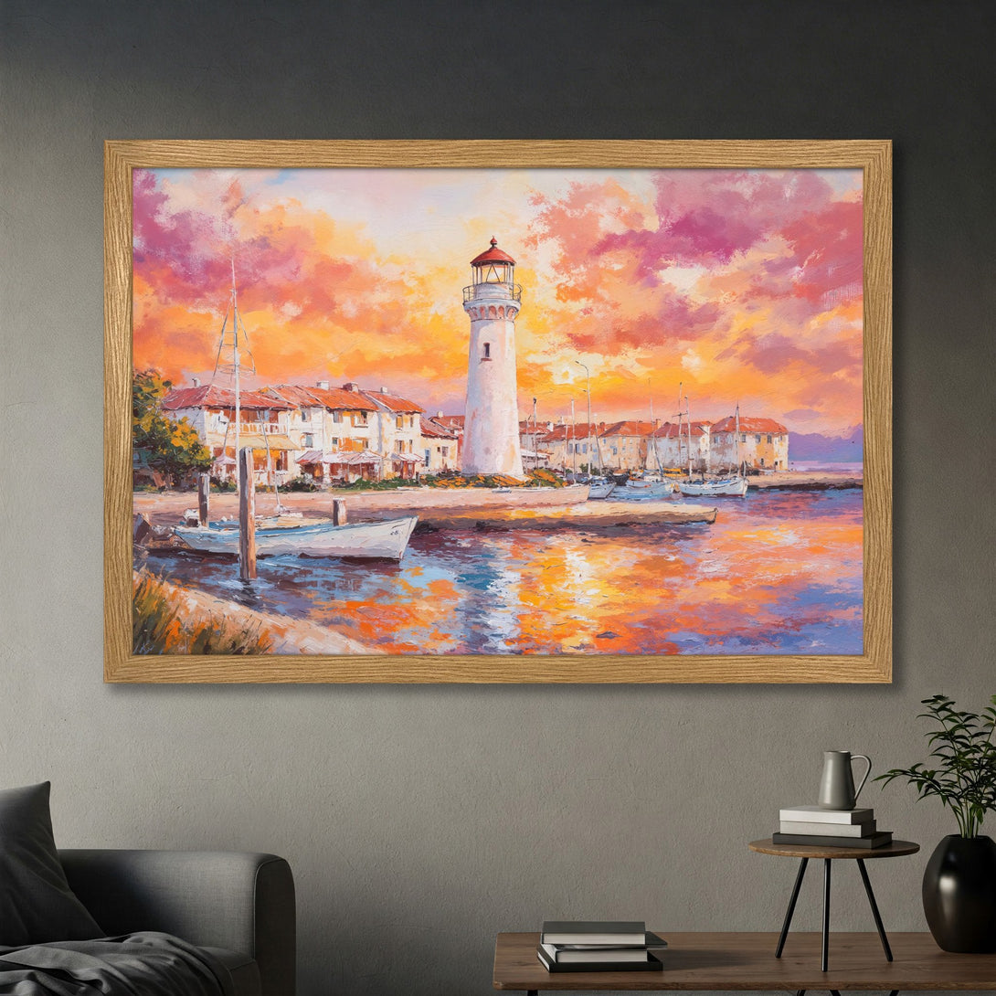 Framed Poster of a lighthouse at sunset. Impressionistic style with warm orange, pink, and blue color palette. Coastal art for home decor.