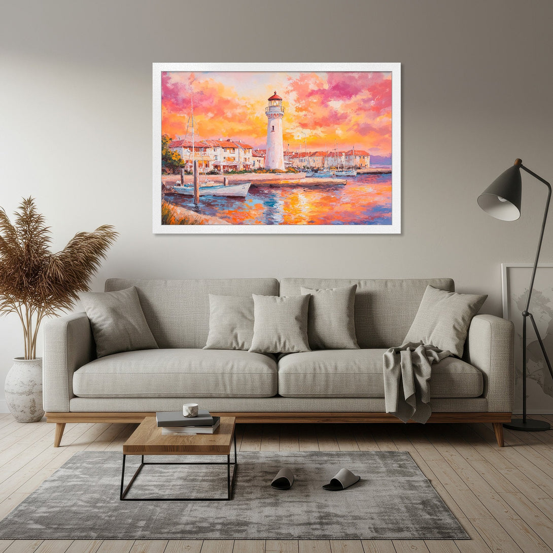 Framed Poster featuring a lighthouse painting in impressionist style with a warm, sunset color palette. Perfect wall art for any room!