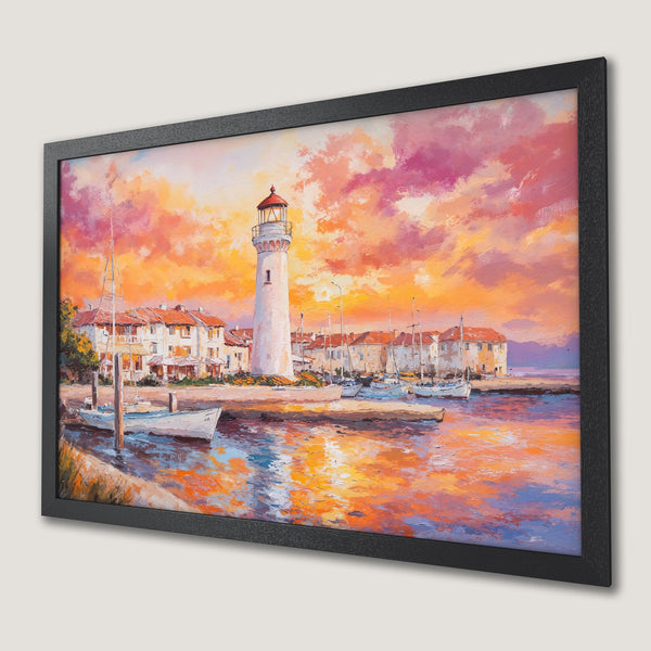 Framed Poster featuring a lighthouse and harbor scene in a vibrant, impressionistic style with a warm orange and pink color palette.