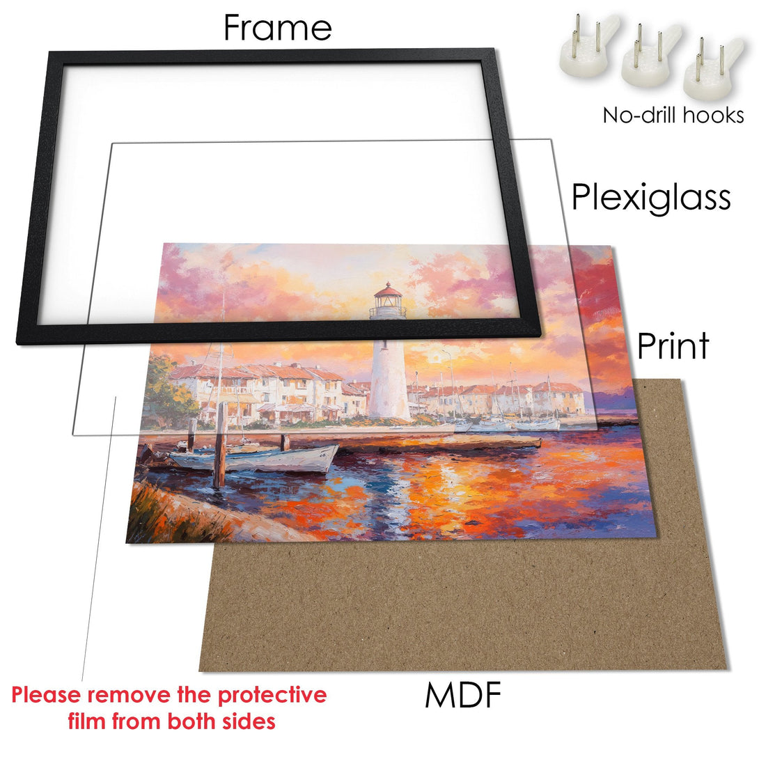 Framed Poster of a lighthouse scene, impressionistic style with warm orange and blue tones. Enhance your space with this art!