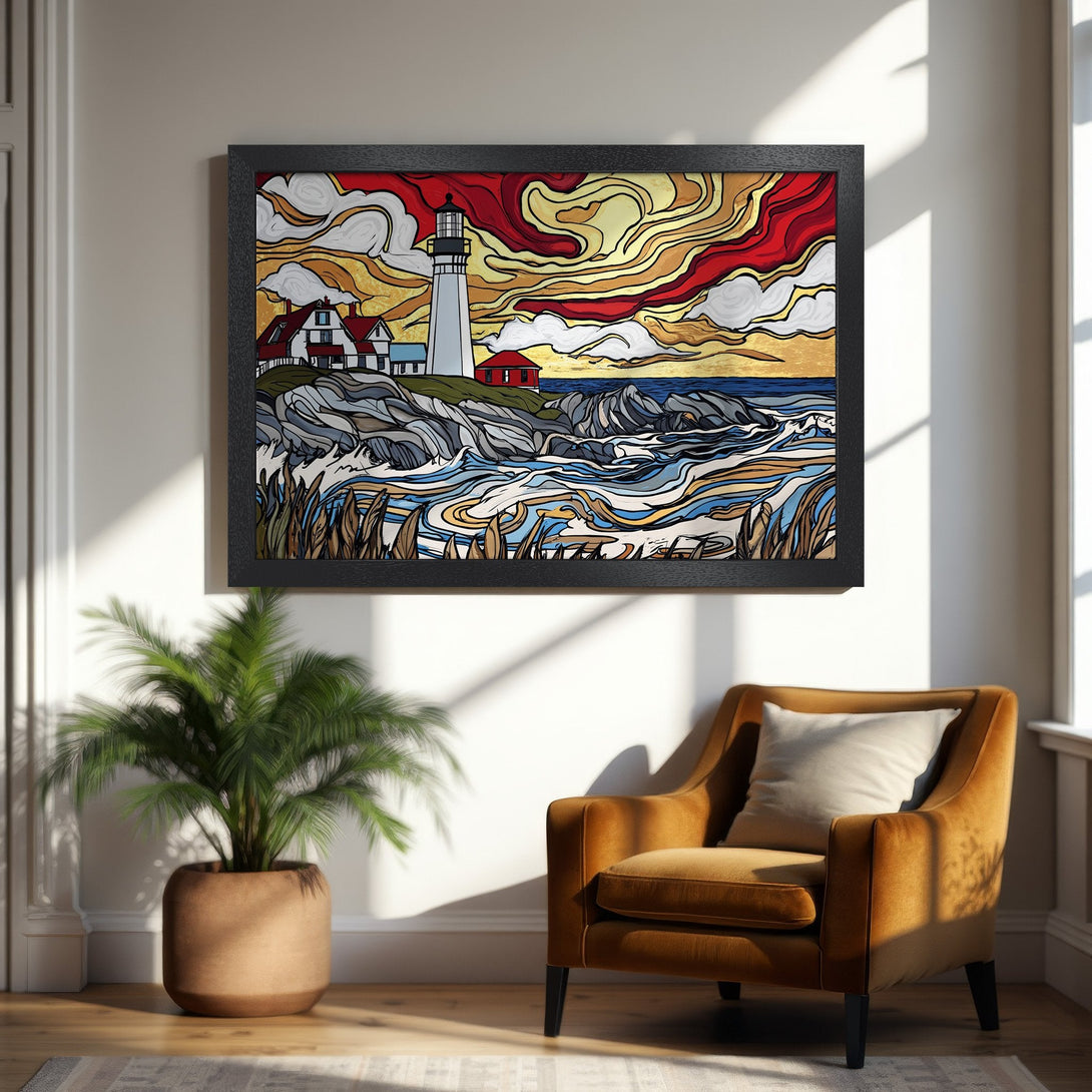 Framed Poster of a lighthouse landscape, vibrant style with red, yellow, and blue color palette. Perfect wall art!