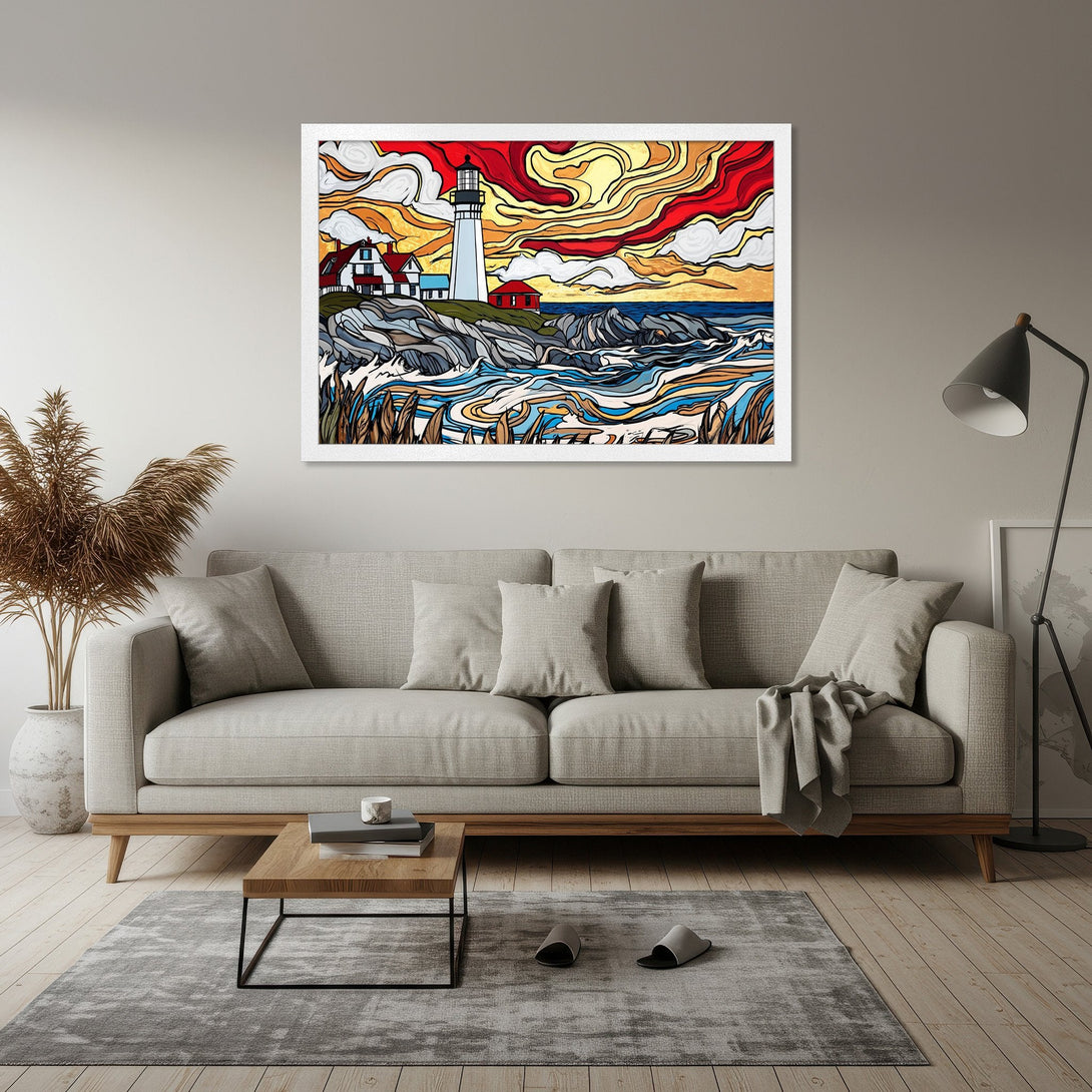 Framed Poster featuring a lighthouse landscape in vibrant colors. Modern art style with a warm red, yellow, and blue palette. Perfect wall decor!