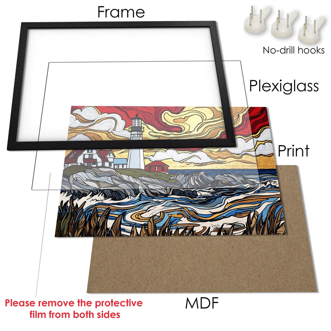 Framed Poster featuring a lighthouse landscape in a vibrant, stylized design with a warm color palette. Perfect wall art!