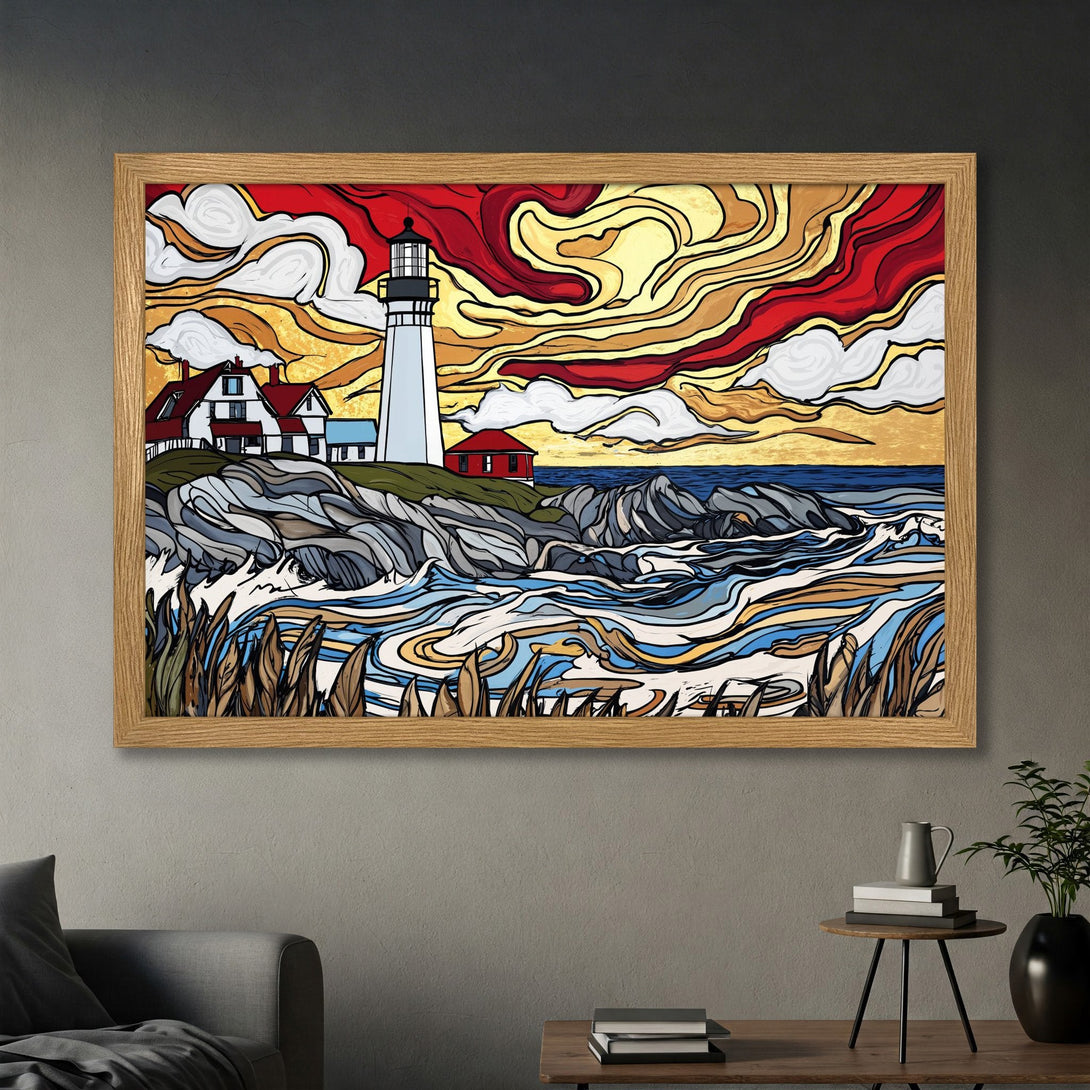 Framed Poster featuring a lighthouse on a rocky coast, vibrant art style with red, yellow, and blue hues. Perfect wall decor!
