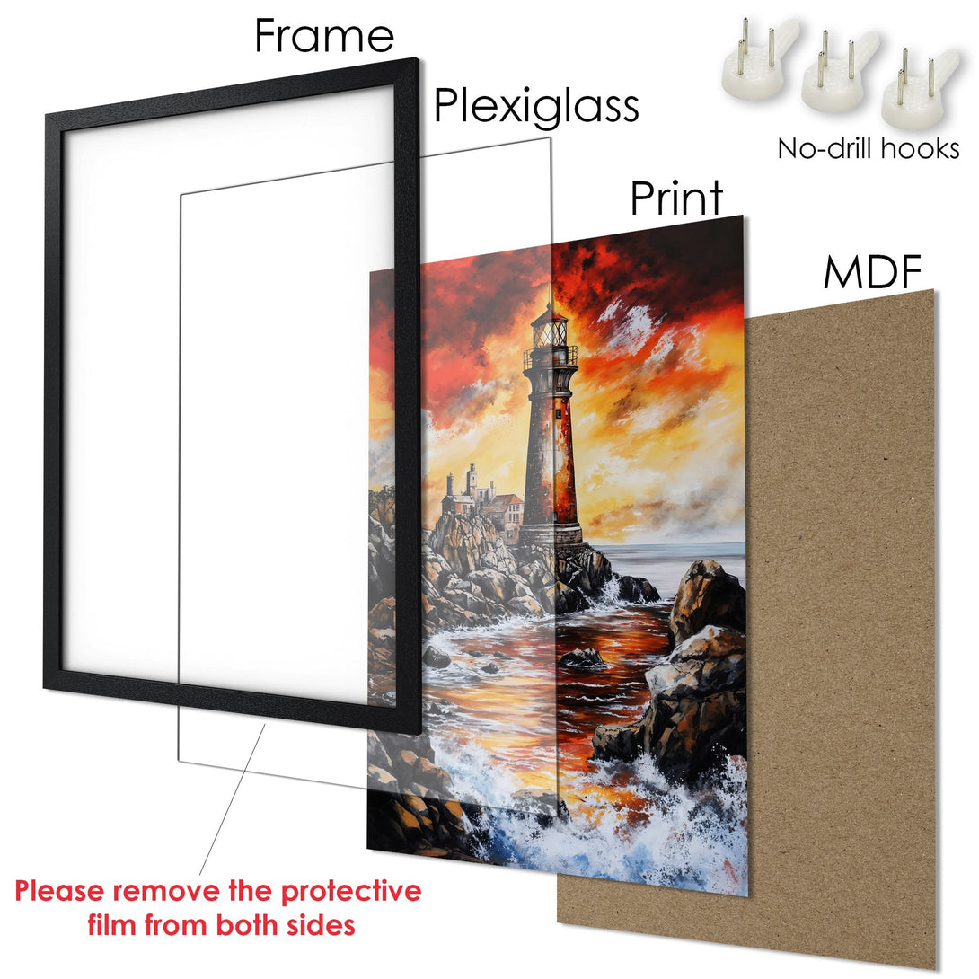 Framed Poster of a lighthouse at sunset. Artistic style, warm orange and red color palette. Perfect wall art!