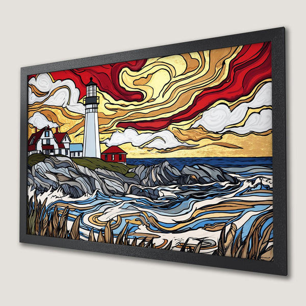 Framed Poster featuring a lighthouse landscape in a vibrant, stylized art deco style with a warm red, yellow, and blue color palette.