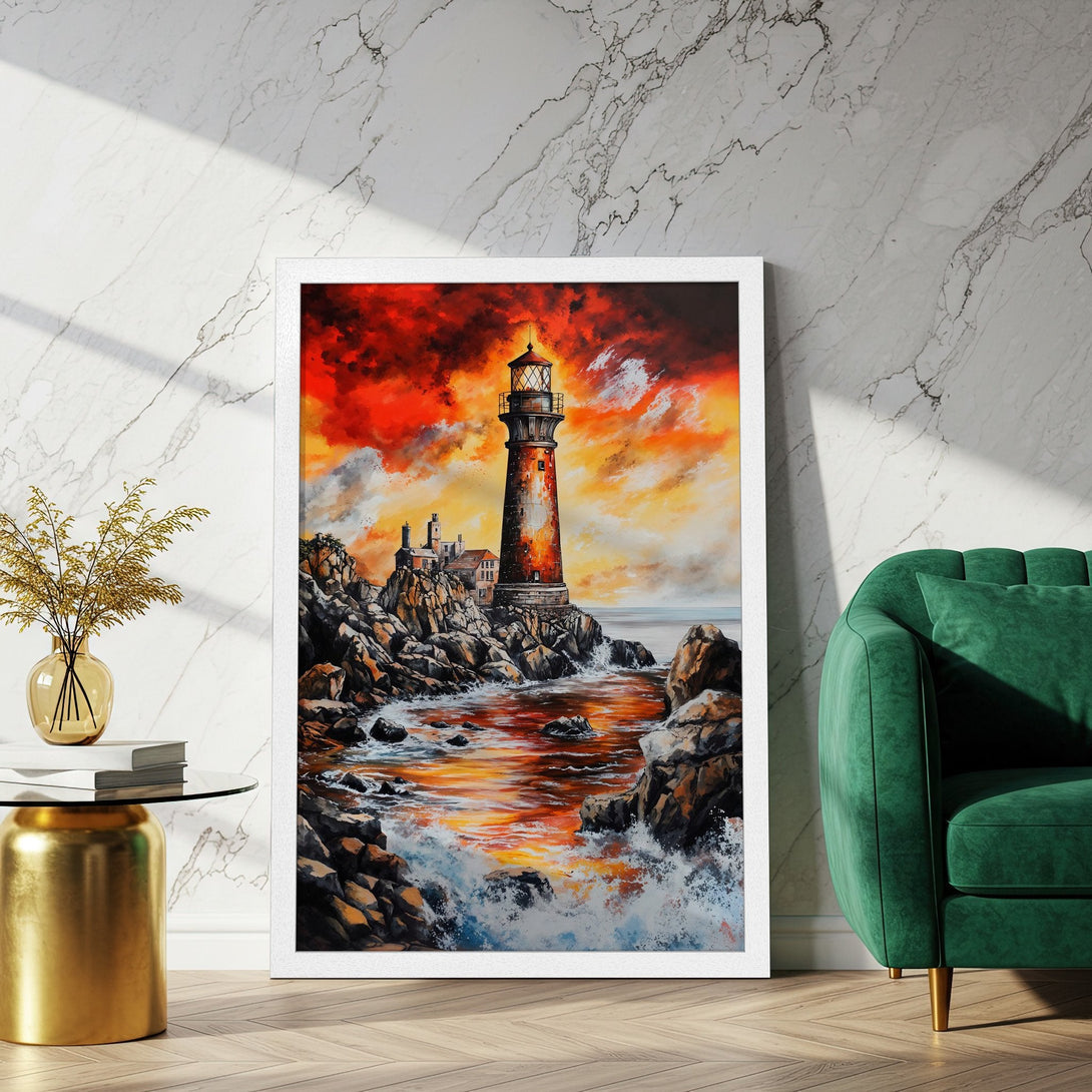 Framed Poster of a lighthouse painting in a dramatic style with a fiery red and orange color palette. Perfect wall art!