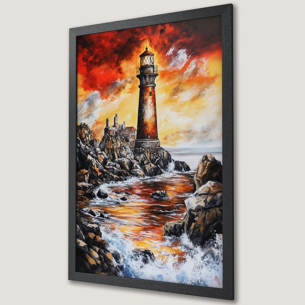 Framed Poster of a lighthouse on rocky coast. Dramatic painting style with warm red, orange, and yellow color palette. Coastal art print.