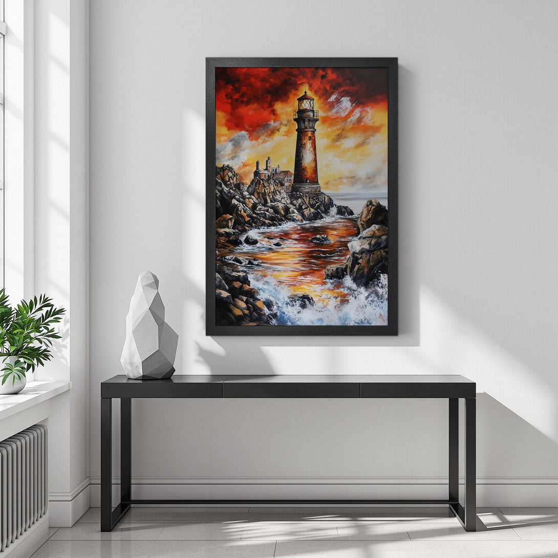 Framed Poster featuring a lighthouse painting in warm orange and red tones. Coastal art for a cozy home.