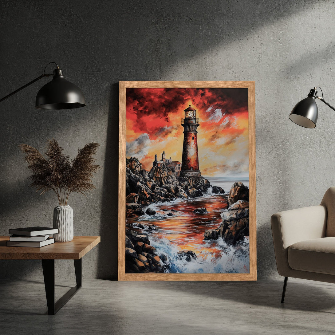 Framed Poster of a lighthouse art print. Dramatic style with warm red, orange, and brown color palette. Perfect wall decor for any space.