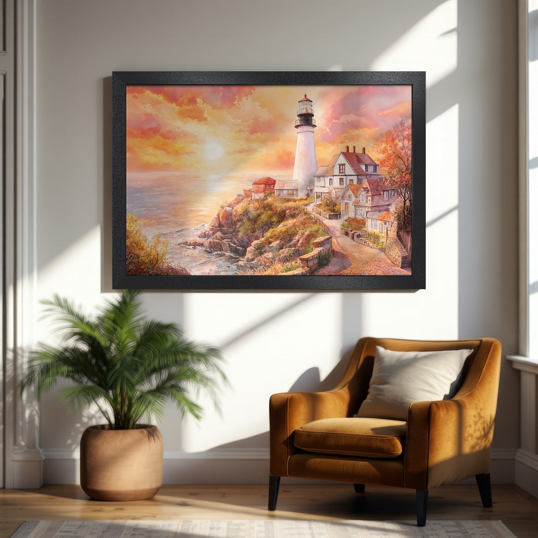 Framed Poster featuring a lighthouse painting in warm sunset hues. Coastal art print perfect for home decor.